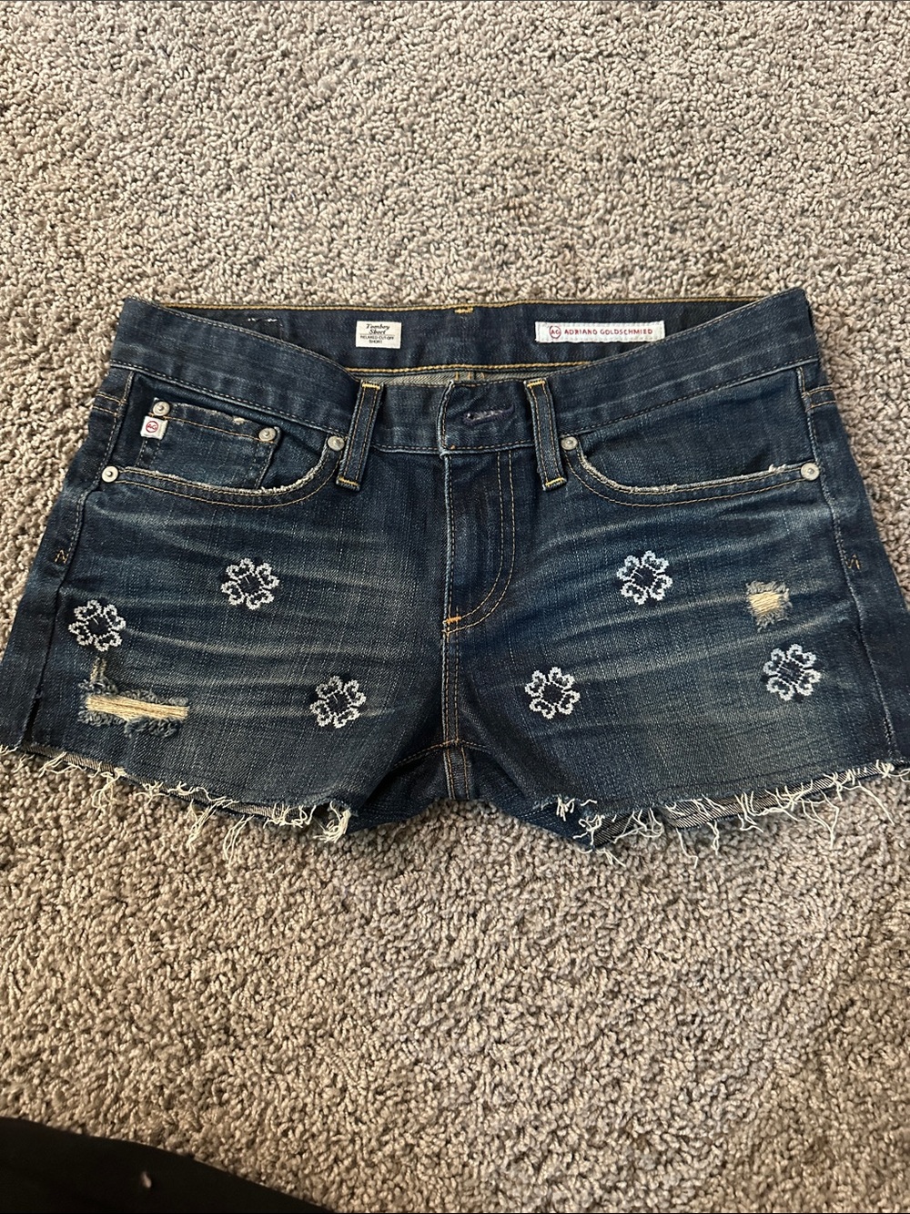 Ag Adriano Goldschmied Dark Blue Embroidered Frayed Denim Shorts